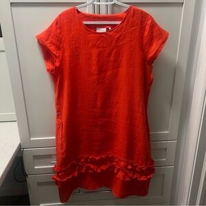 FOIL 100% Linen Red-Orange Ruffle Bottom Dress Made in Canada Women's Size 12
